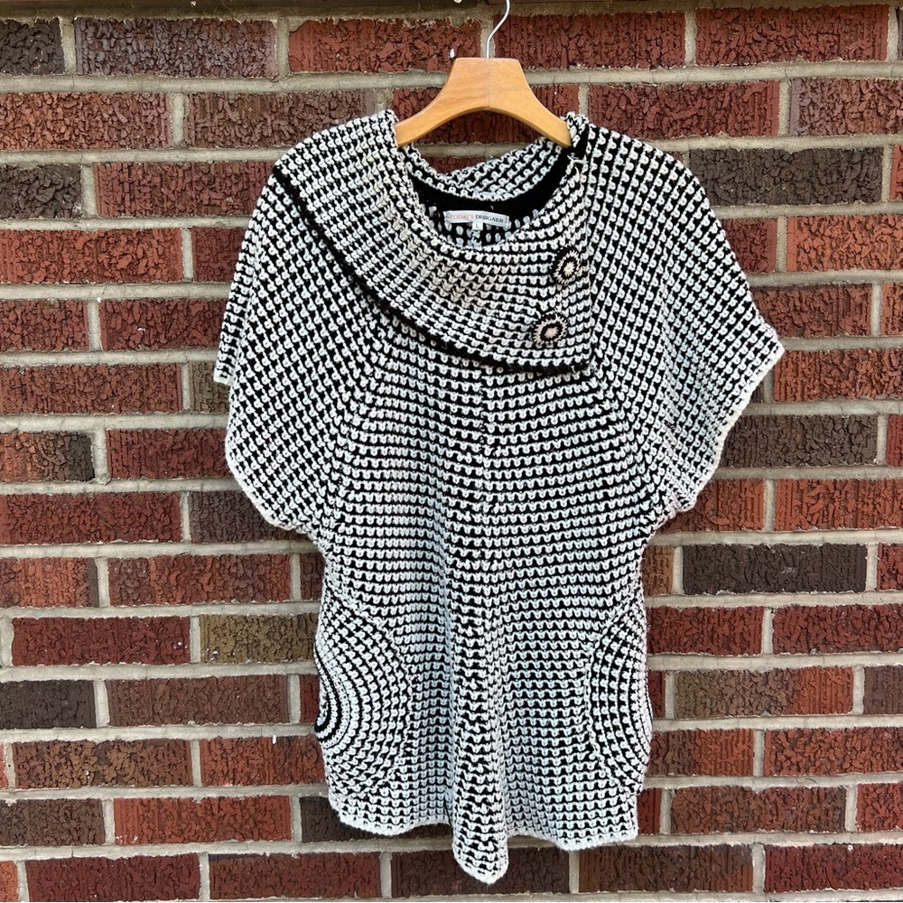 Today’s Designer Black and White Textured Cowl Neck Side Button Neck Sweater Top